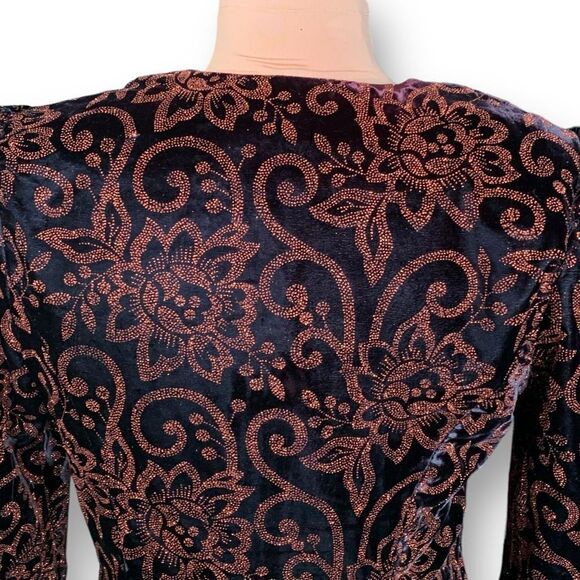 Vintage Collarless Blazer Tailored Black Velvet Structured Hourglass Metallic - Picture 8 of 14